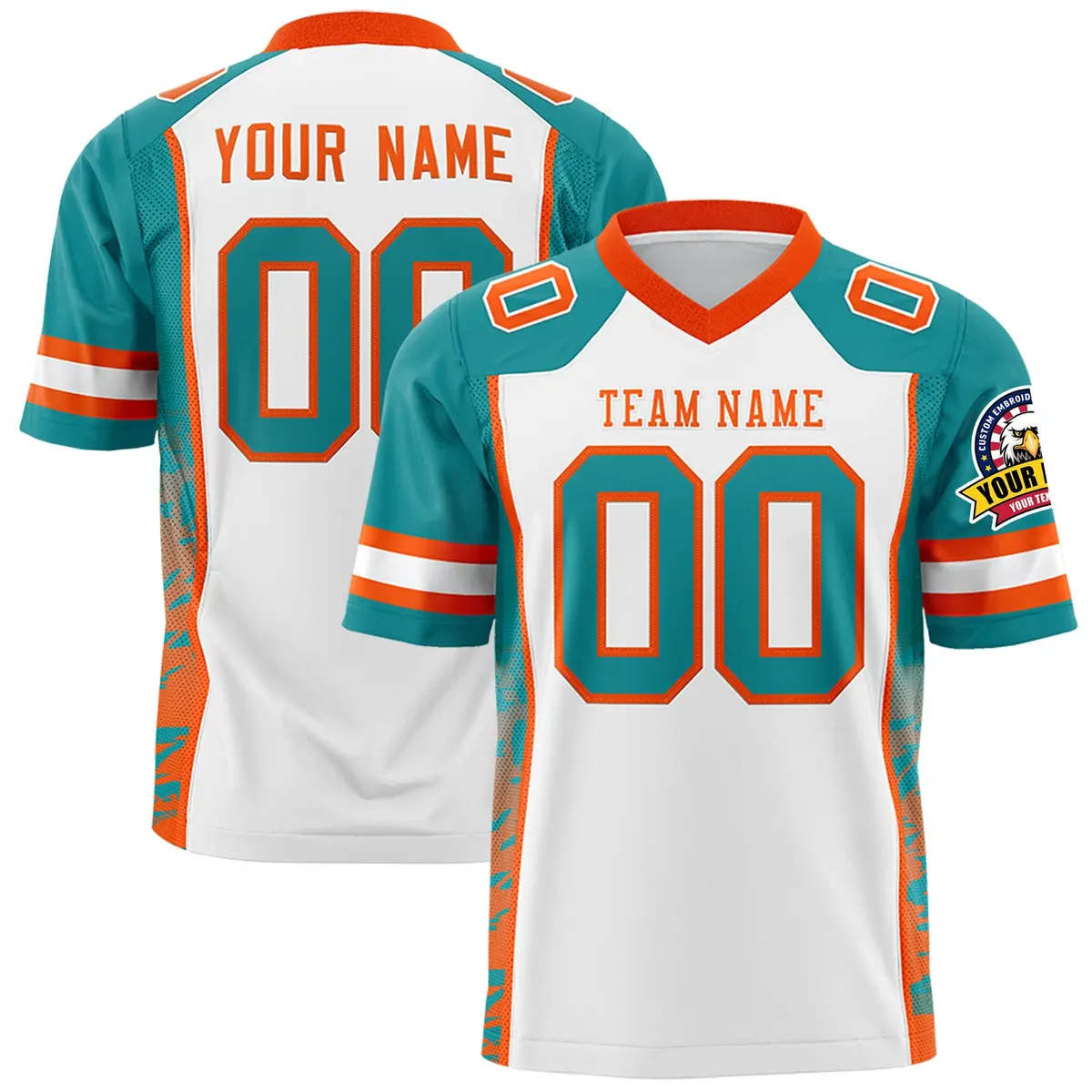 White Aqua-Orange Raglan Side Pattern Football Jersey