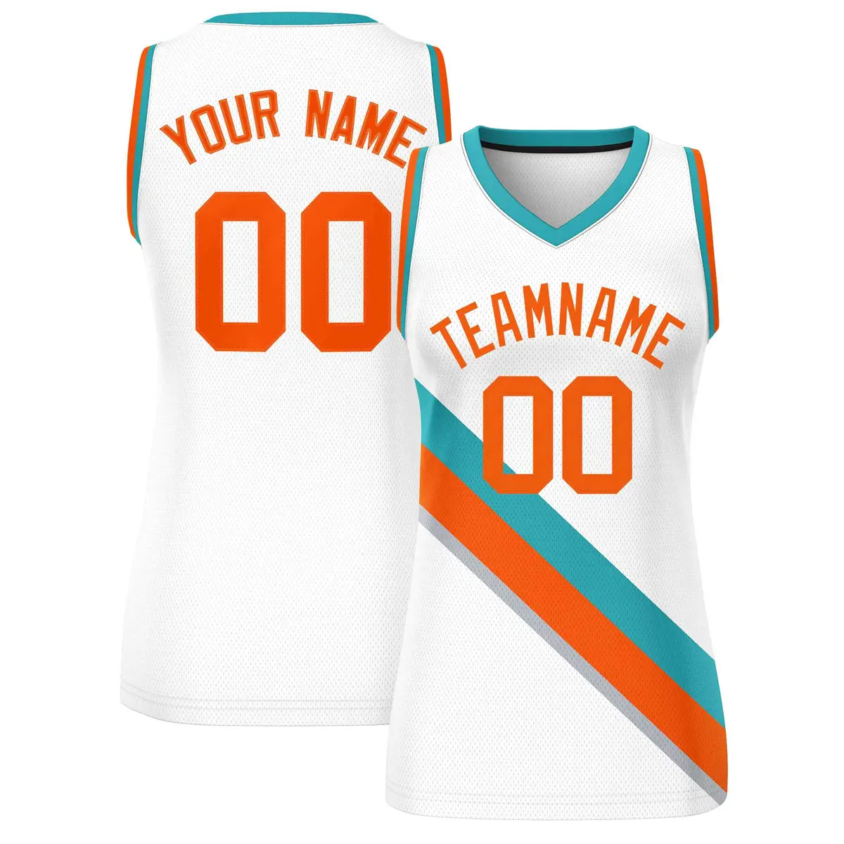 White Aqua-Orange Slash Mesh Basketball Jersey For Women