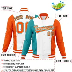 White Aqua Orange Three-Color Block Varsity Letterman Jacket 2