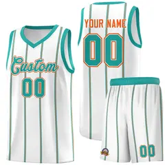 White Aqua Orange Vertical Stripes Basketball Jersey Set