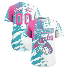 White Aqua Pink Full-Snap Tiger Graffiti Baseball Jersey