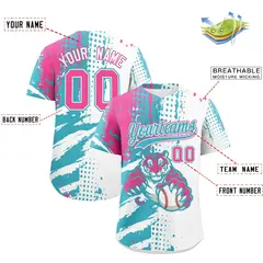 White Aqua Pink Full-Snap Tiger Graffiti Baseball Jersey 2