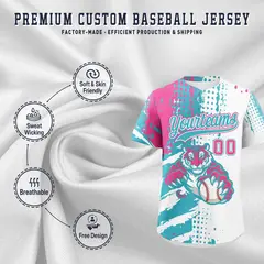 White Aqua Pink Full-Snap Tiger Graffiti Baseball Jersey 3