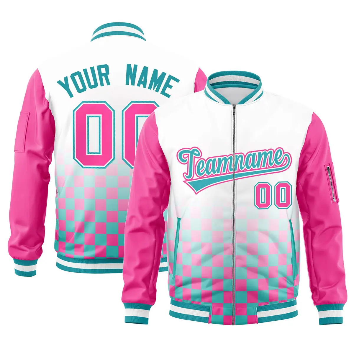 White Aqua-Pink Grid Color Block Letterman Raglan Jacket