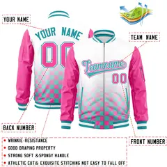 White Aqua-Pink Grid Color Block Letterman Raglan Jacket 2