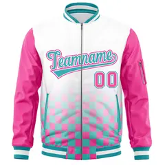 White Aqua-Pink Grid Color Block Letterman Raglan Jacket 3