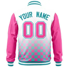 White Aqua-Pink Grid Color Block Letterman Raglan Jacket 4