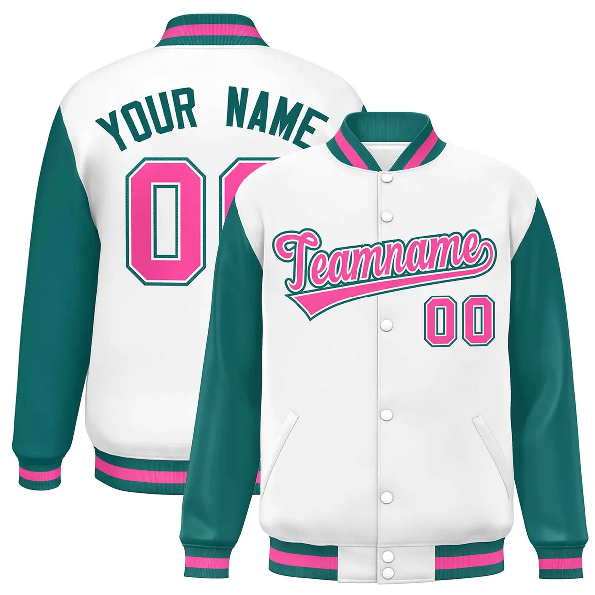 White Aqua-Pink Raglan Varsity Letterman Baseball Jacket
