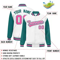 White Aqua-Pink Raglan Varsity Letterman Baseball Jacket 2