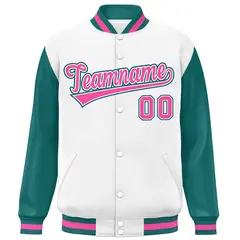 White Aqua-Pink Raglan Varsity Letterman Baseball Jacket 3