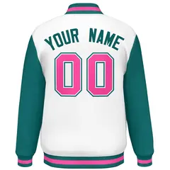 White Aqua-Pink Raglan Varsity Letterman Baseball Jacket 4