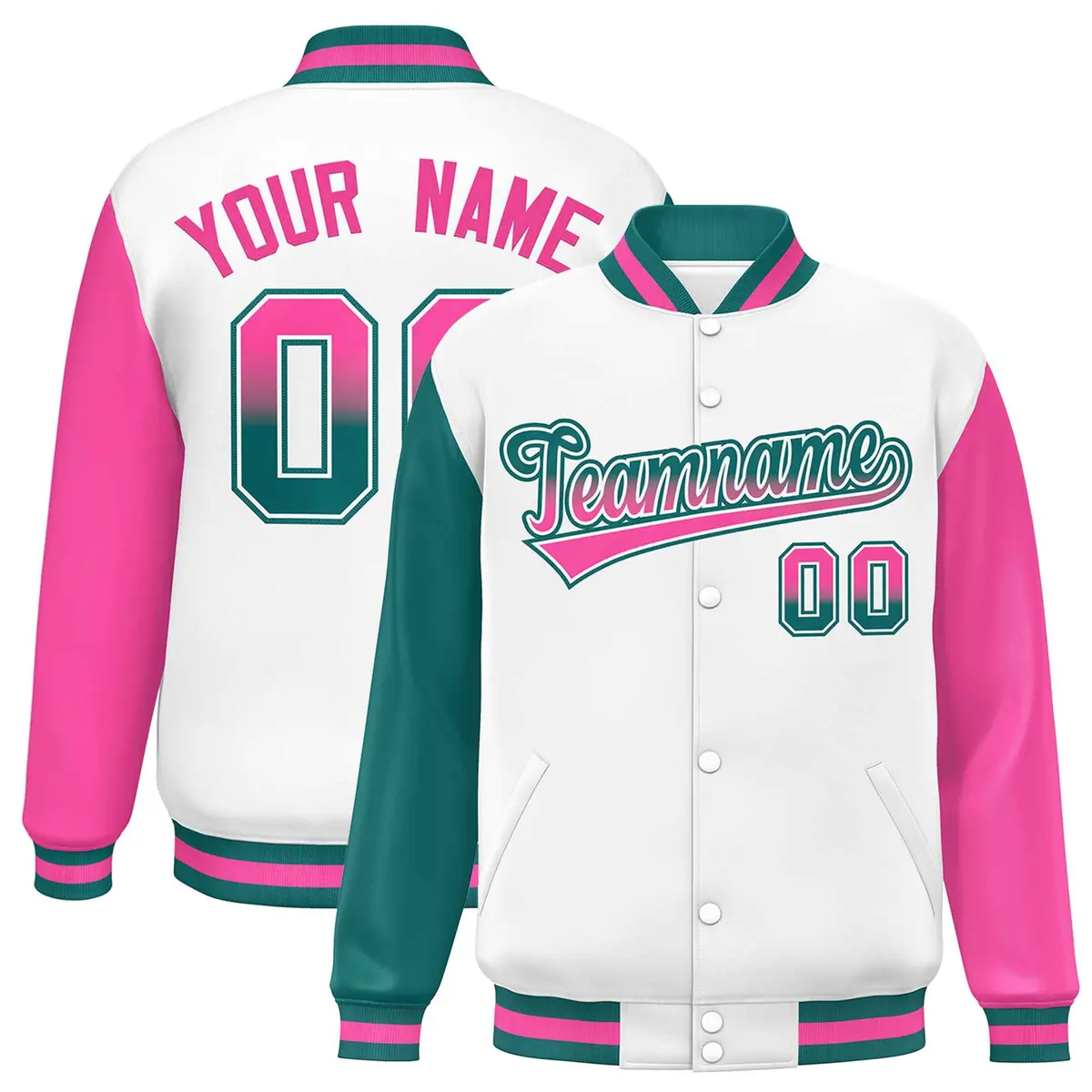 White Aqua-Pink Raglan Varsity Letterman Baseball Jacket
