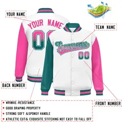 White Aqua-Pink Raglan Varsity Letterman Baseball Jacket 2