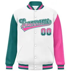 White Aqua-Pink Raglan Varsity Letterman Baseball Jacket 3