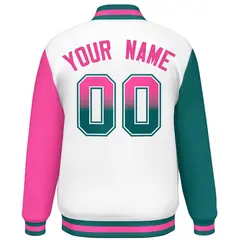 White Aqua-Pink Raglan Varsity Letterman Baseball Jacket 4