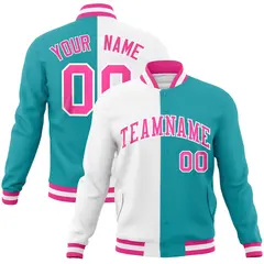 White Aqua Pink Two Tone Split Varsity Full-Snap Letterman Jacket 1