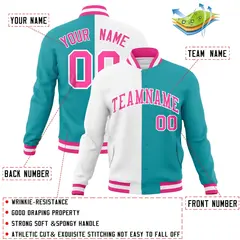 White Aqua Pink Two Tone Split Varsity Full-Snap Letterman Jacket 4