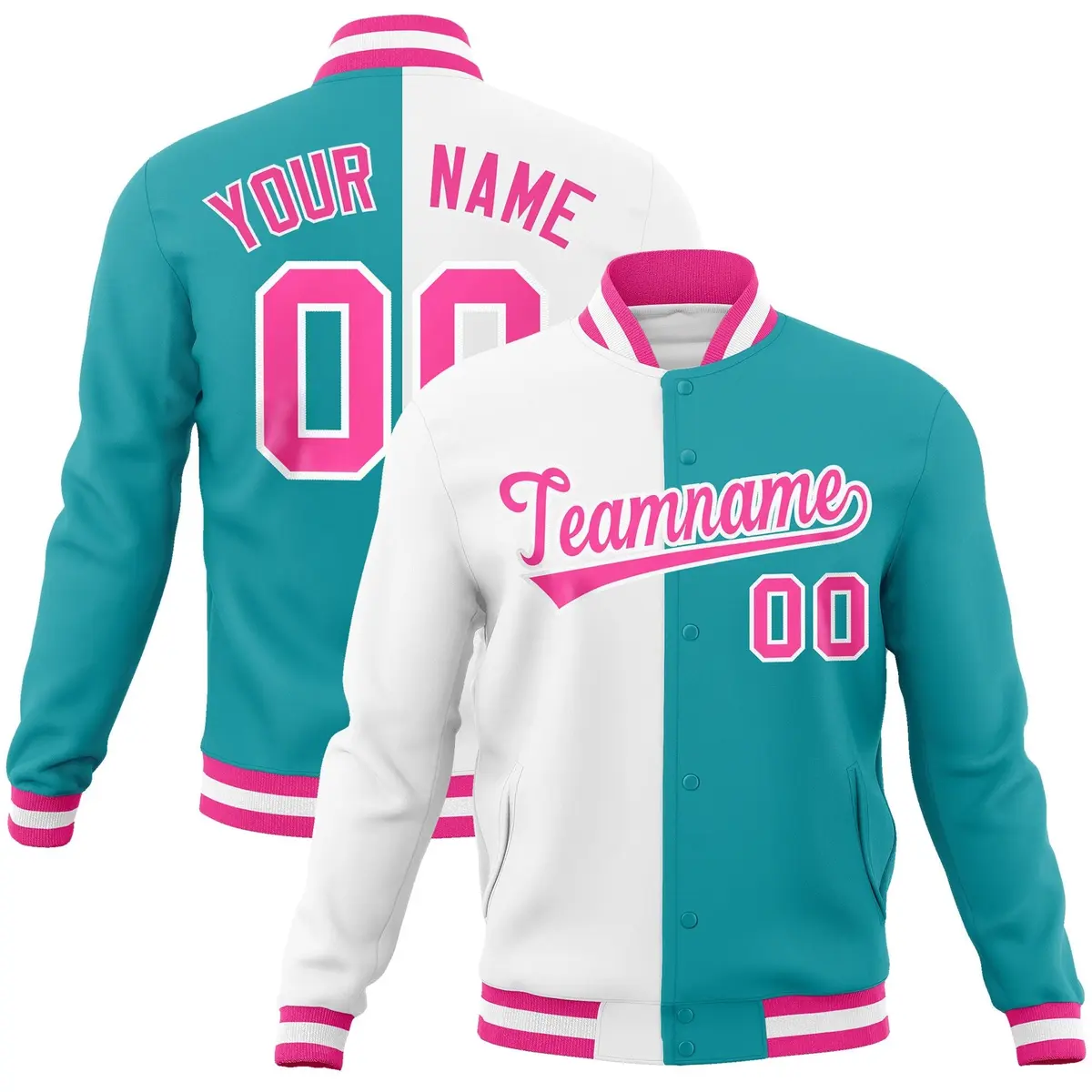 White Aqua Pink Two Tone Split Varsity Full-Snap Letterman Jacket