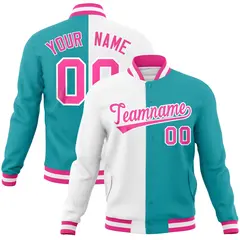 White Aqua Pink Two Tone Split Varsity Full-Snap Letterman Jacket 1