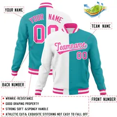 White Aqua Pink Two Tone Split Varsity Full-Snap Letterman Jacket 4