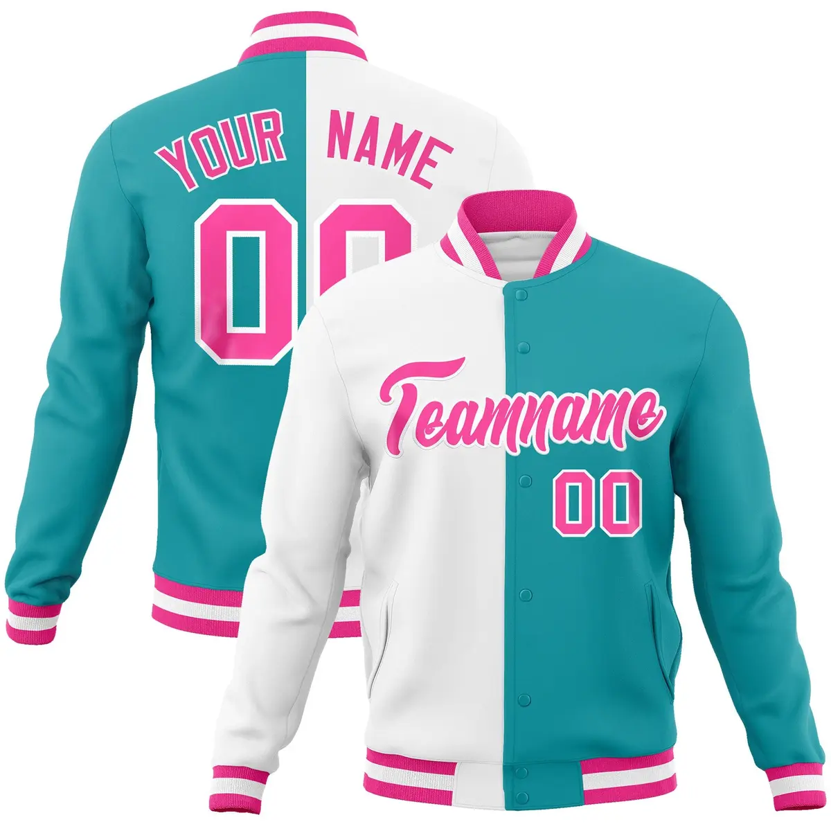 White Aqua Pink Two Tone Split Varsity Full-Snap Letterman Jacket