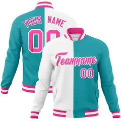 White Aqua Pink Two Tone Split Varsity Full-Snap Letterman Jacket