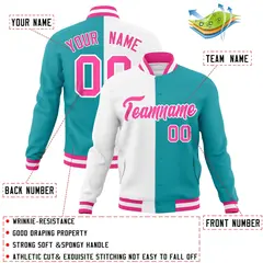 White Aqua Pink Two Tone Split Varsity Full-Snap Letterman Jacket 4