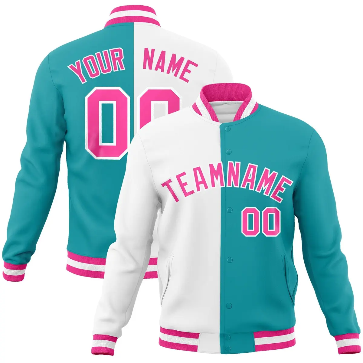 White Aqua Pink Two Tone Split Varsity Full-Snap Letterman Jacket