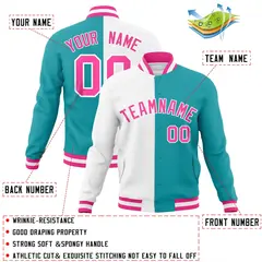 White Aqua Pink Two Tone Split Varsity Full-Snap Letterman Jacket 4