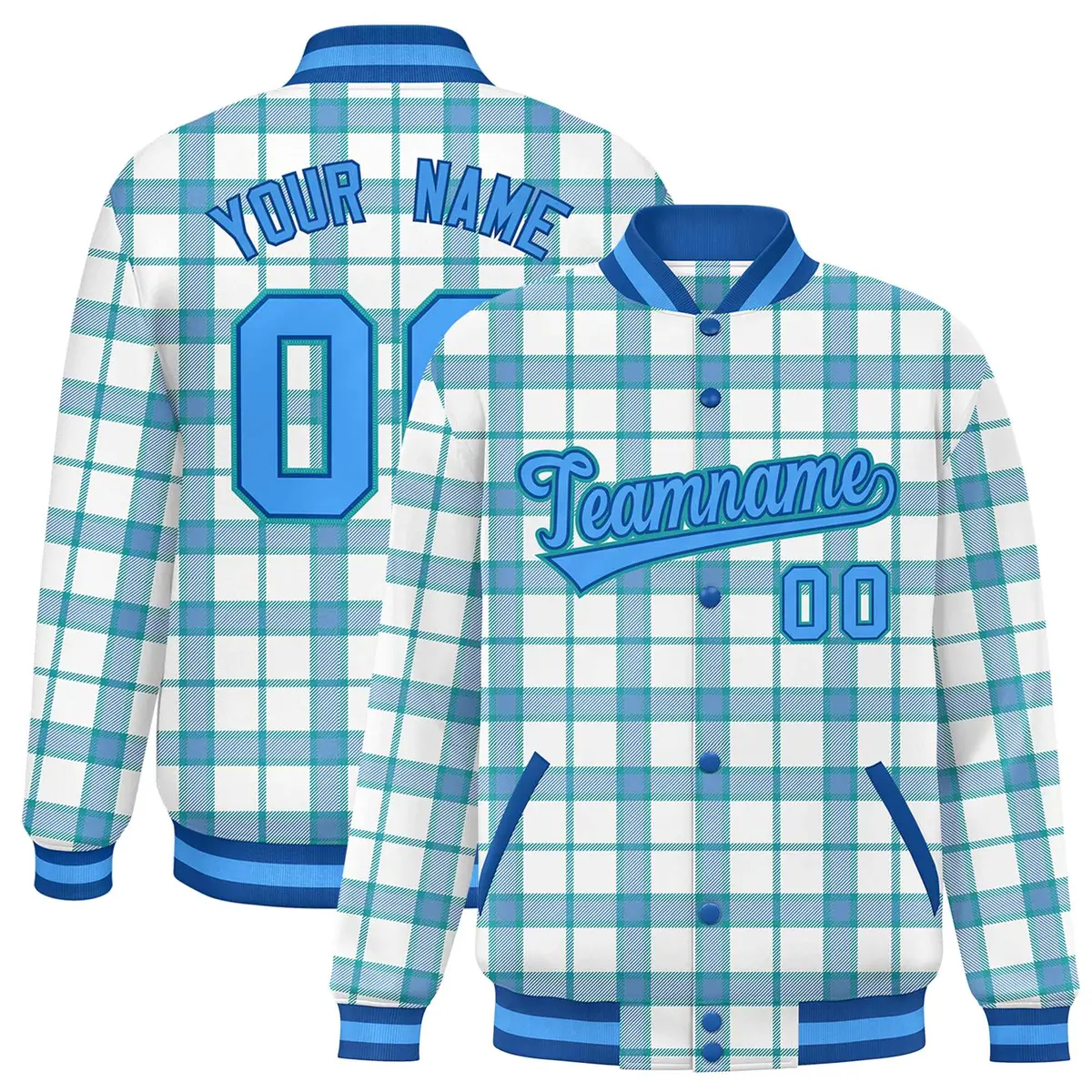 White Aqua Plaid Varsity Letterman Baseball Jacket