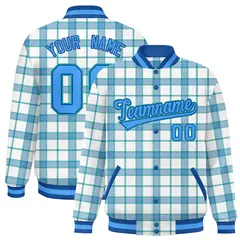 White Aqua Plaid Varsity Letterman Baseball Jacket