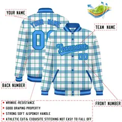 White Aqua Plaid Varsity Letterman Baseball Jacket 2