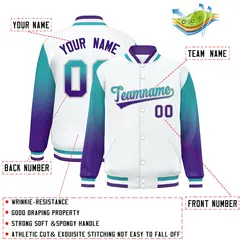 White Aqua-Purple Gradient Varsity Full-Snap Raglan Baseball Jacket 2