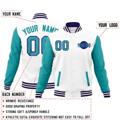 White Aqua Purple Raglan Sleeves Cotton Letterman Jacket 2