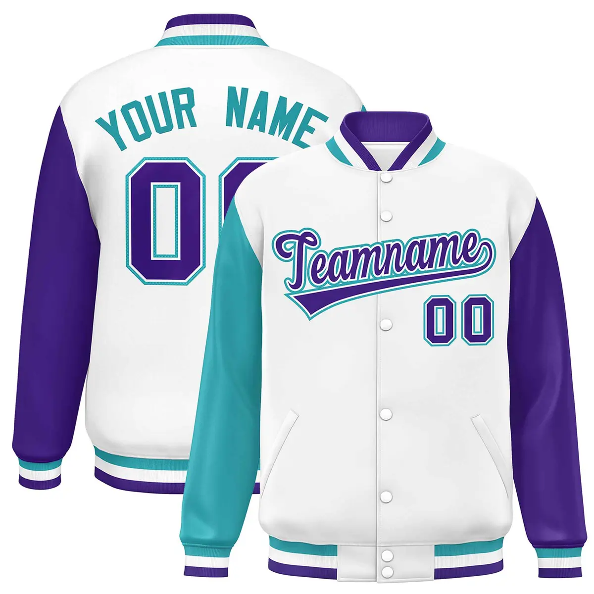 White Aqua-Purple Raglan Varsity Letterman Baseball Jacket