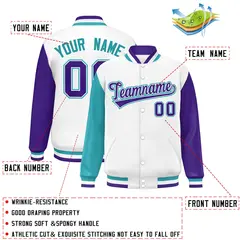 White Aqua-Purple Raglan Varsity Letterman Baseball Jacket 2