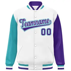 White Aqua-Purple Raglan Varsity Letterman Baseball Jacket 3