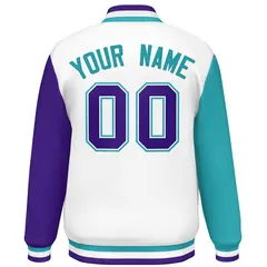 White Aqua-Purple Raglan Varsity Letterman Baseball Jacket 4