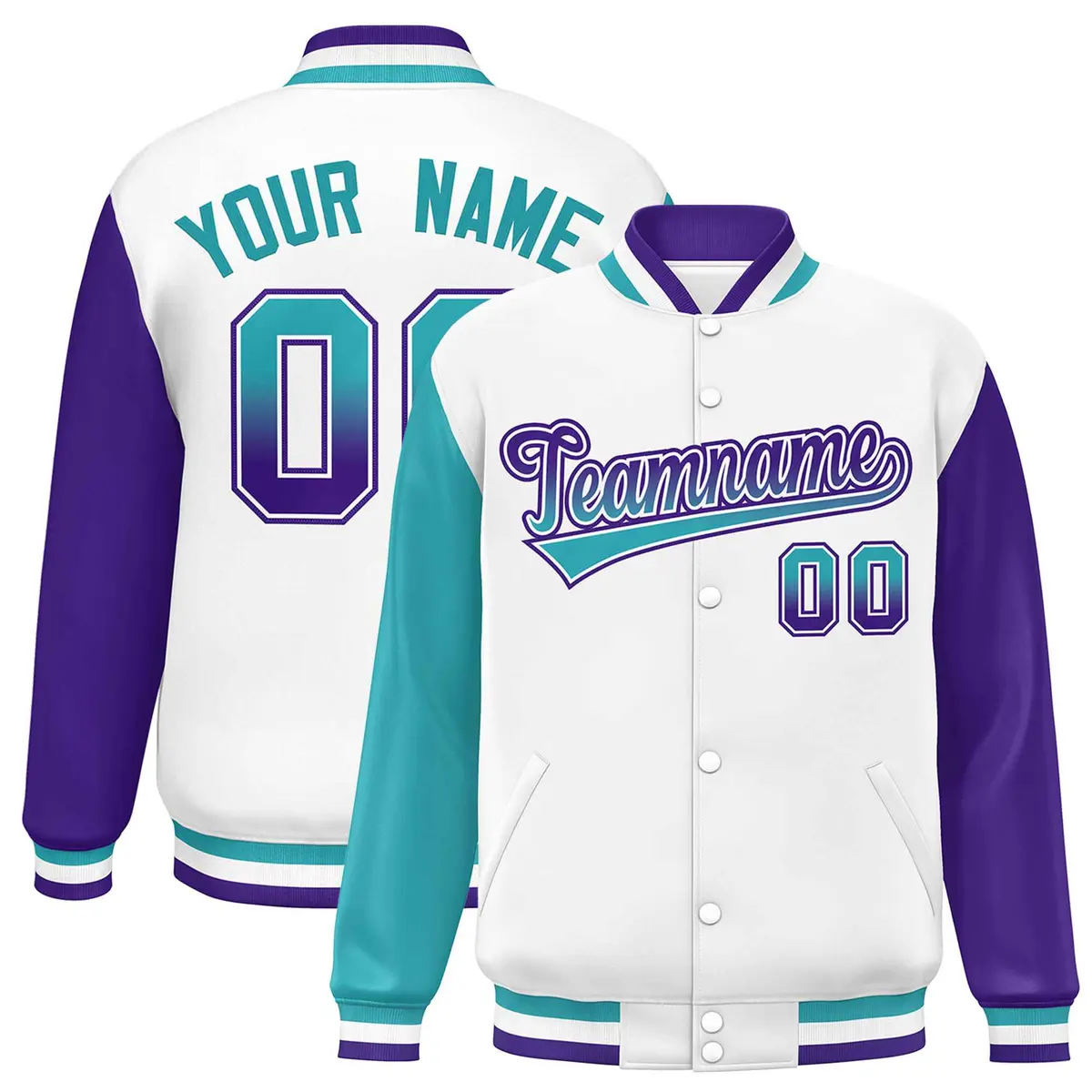 White Aqua-Purple Raglan Varsity Letterman Baseball Jacket