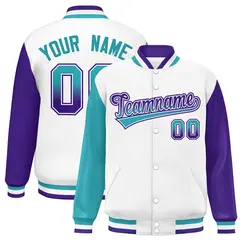 White Aqua-Purple Raglan Varsity Letterman Baseball Jacket 1