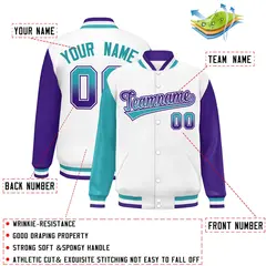 White Aqua-Purple Raglan Varsity Letterman Baseball Jacket 2