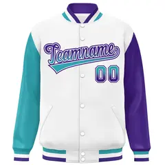White Aqua-Purple Raglan Varsity Letterman Baseball Jacket 3