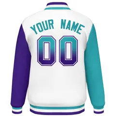 White Aqua-Purple Raglan Varsity Letterman Baseball Jacket 4