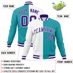 White Aqua Purple Two Tone Split Varsity Full-Snap Letterman Jacket 4