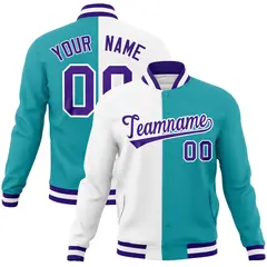 White Aqua Purple Two Tone Split Varsity Full-Snap Letterman Jacket