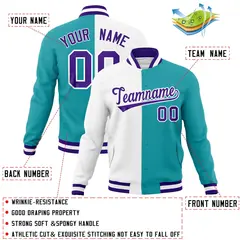 White Aqua Purple Two Tone Split Varsity Full-Snap Letterman Jacket 4