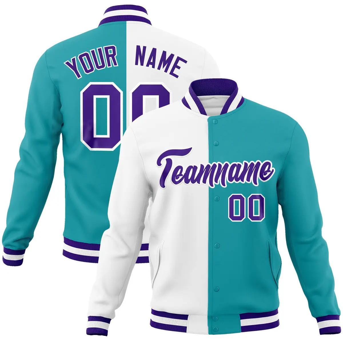 White Aqua Purple Two Tone Split Varsity Full-Snap Letterman Jacket