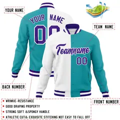 White Aqua Purple Two Tone Split Varsity Full-Snap Letterman Jacket 4