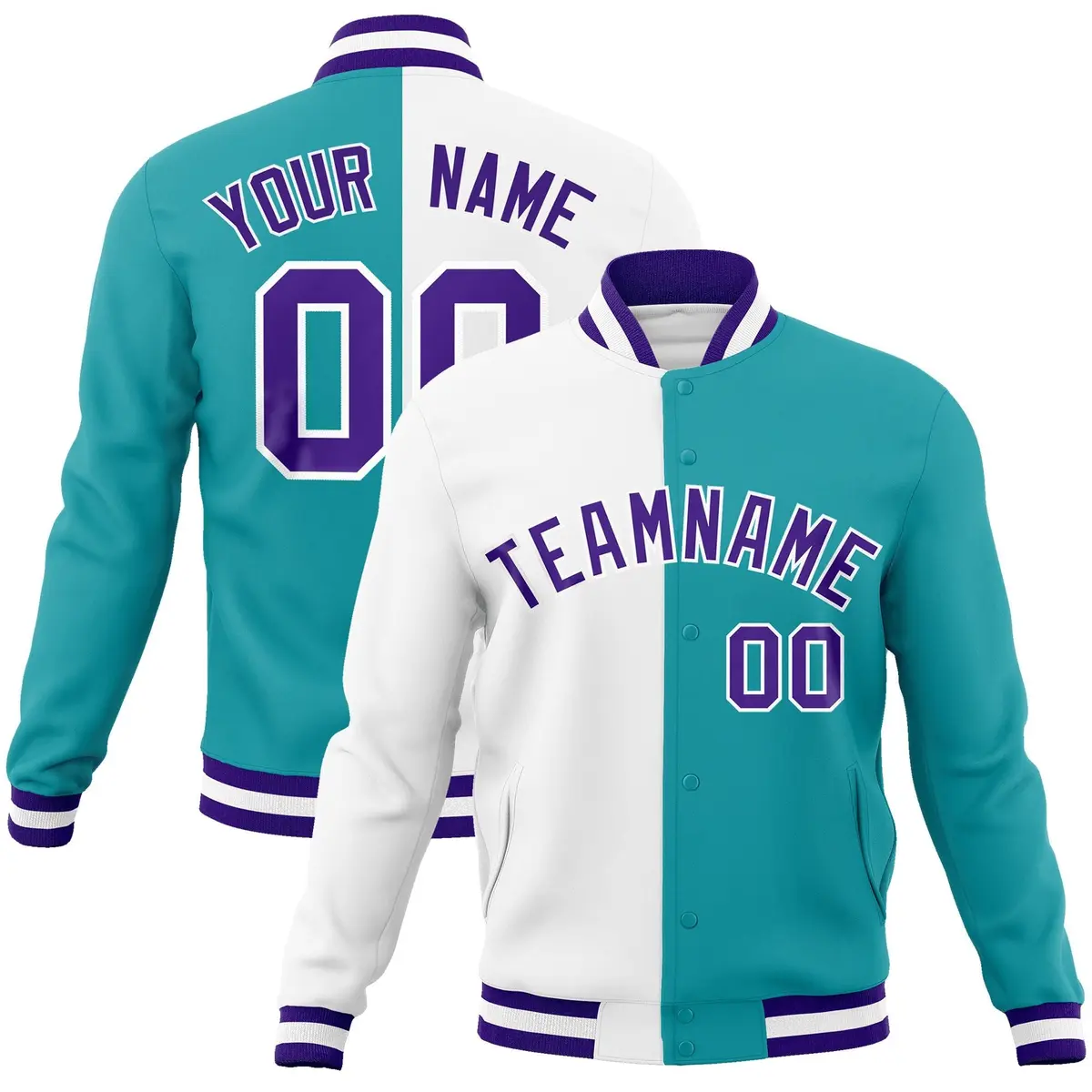 White Aqua Purple Two Tone Split Varsity Full-Snap Letterman Jacket