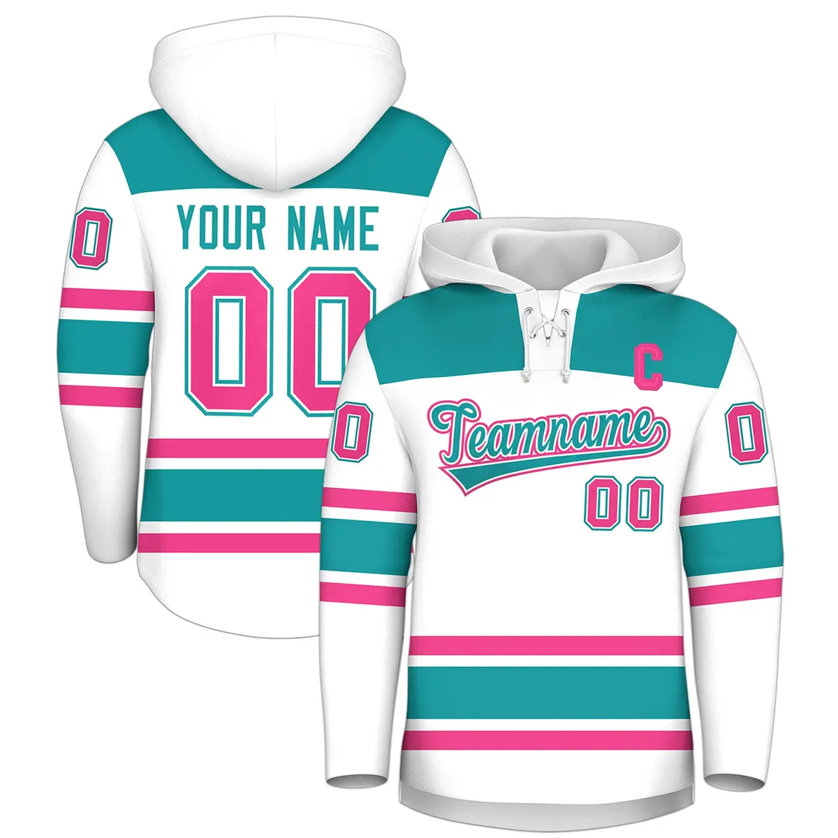 White Aqua Raglan Lace-Up Neck Hockey Hoodie Jersey